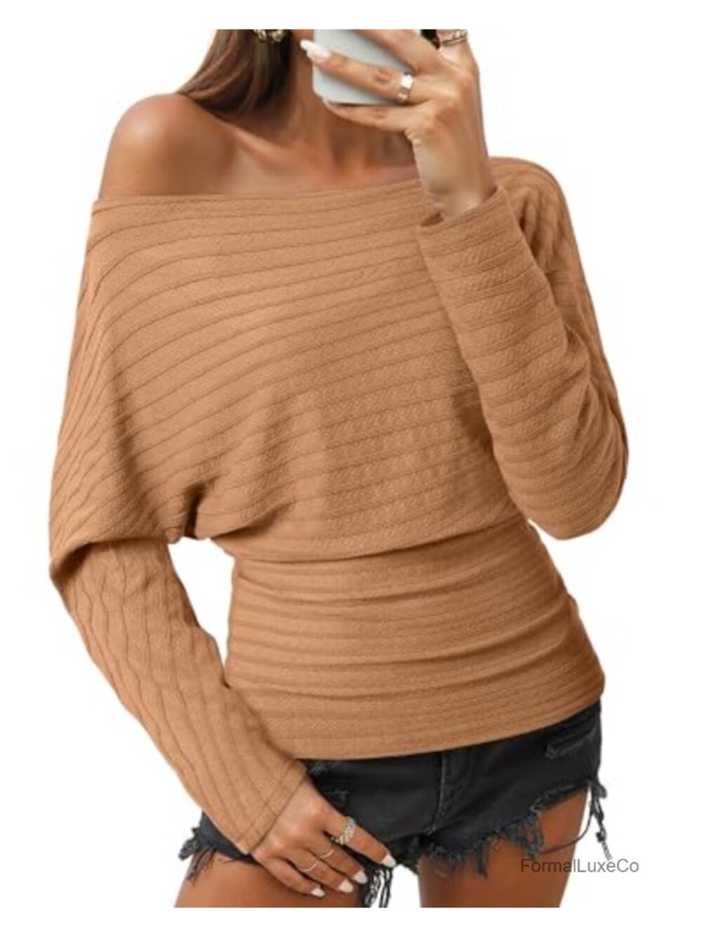 Women's Off Shoulder Knit Sweatshirt Long Batwing Sleeve Pullover Top 95%